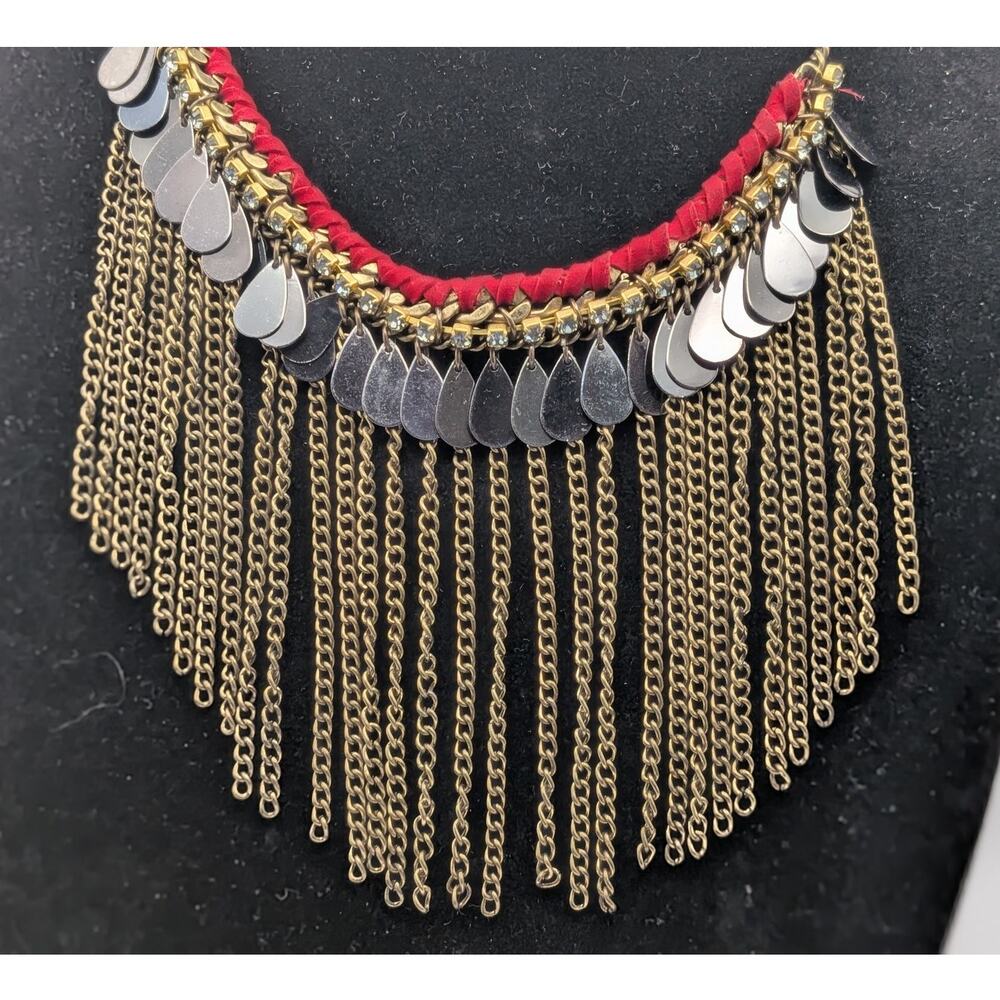 Gold Tone Red Woven Bib Necklace 17in Chain Fringe Boho Tassel Statement